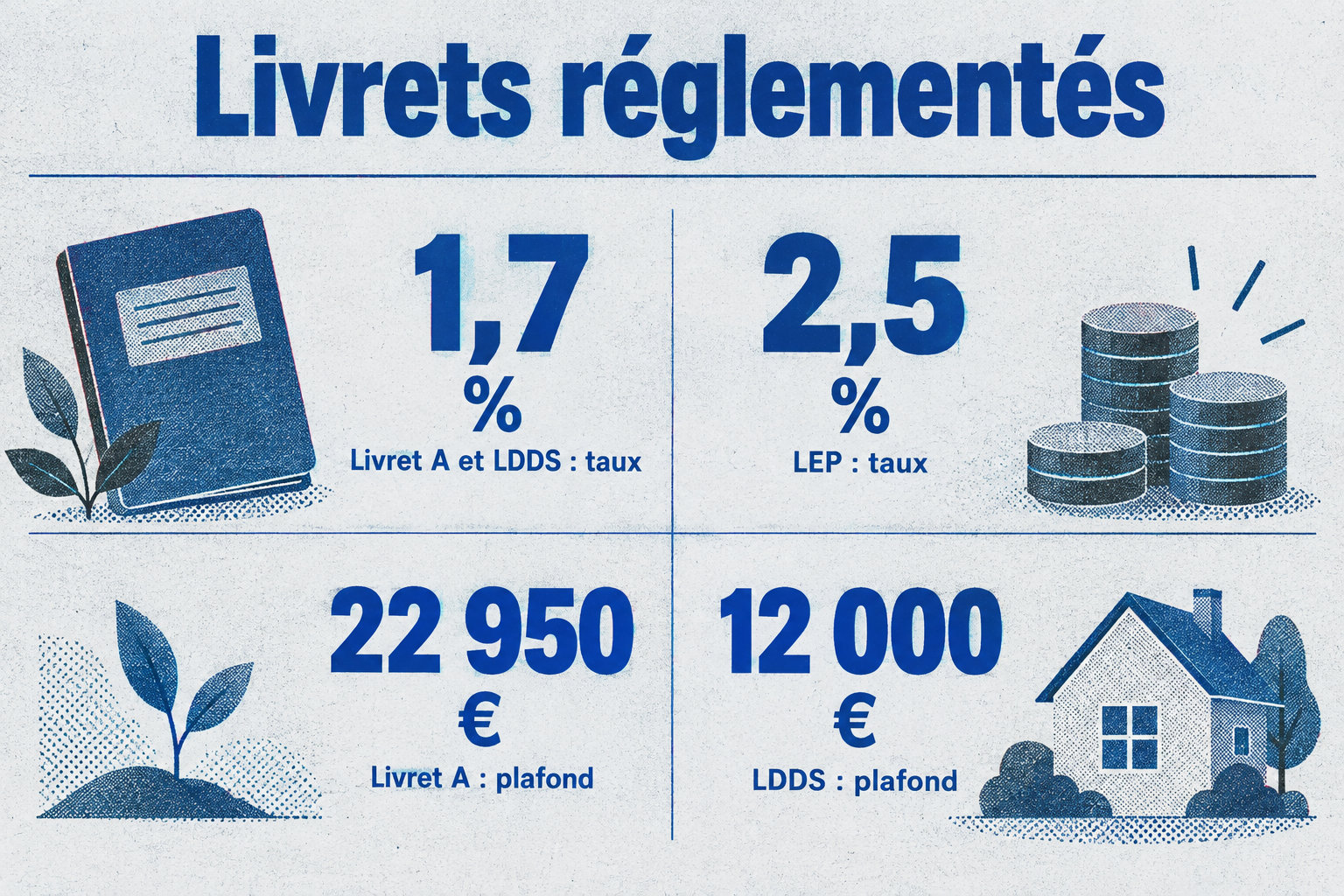 Le Livret A et le LDDS sont à 1,7 %, avec des plafonds respectifs de 22 950 € et 12 000 € ; le LEP est à 2,5 %.