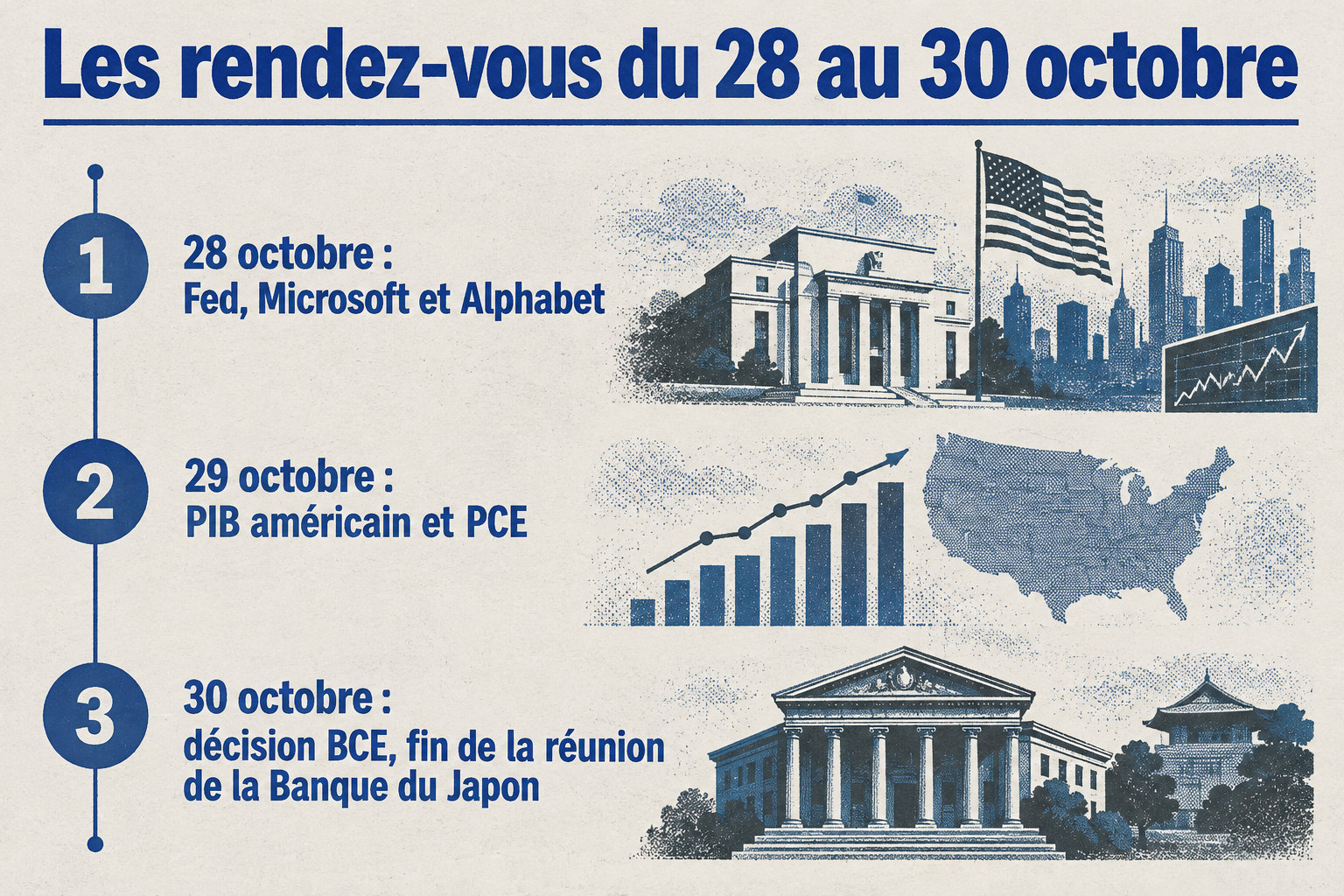 La frise situe la décision de la Fed et les résultats de Microsoft et Alphabet le 28 octobre, le PIB américain et le PCE le 29, puis la décision de la BCE et la fin de la réunion de la Banque du Japon le 30.
