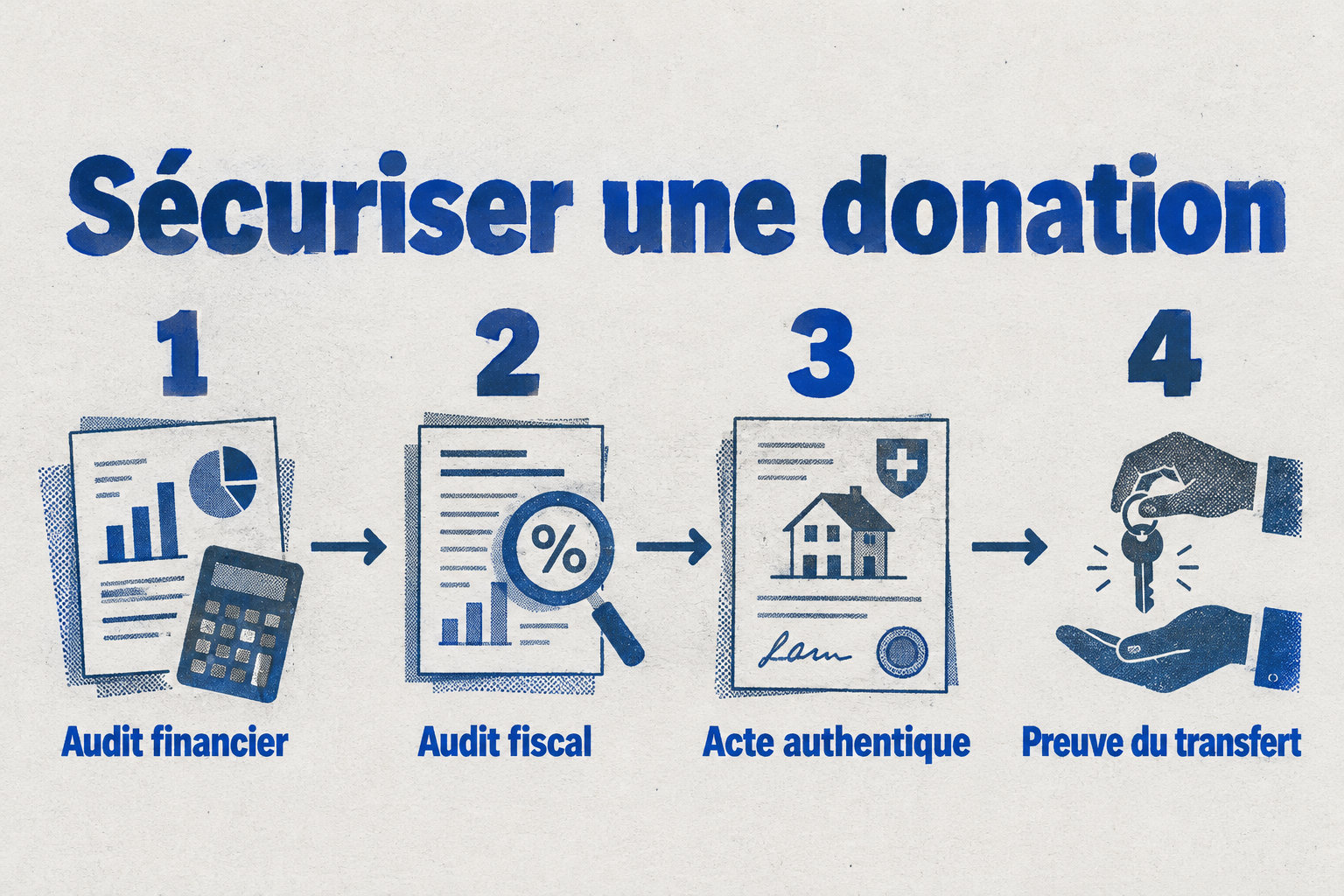 Quatre étapes sécurisent une donation : audit financier, audit fiscal, acte authentique, puis preuve du transfert.