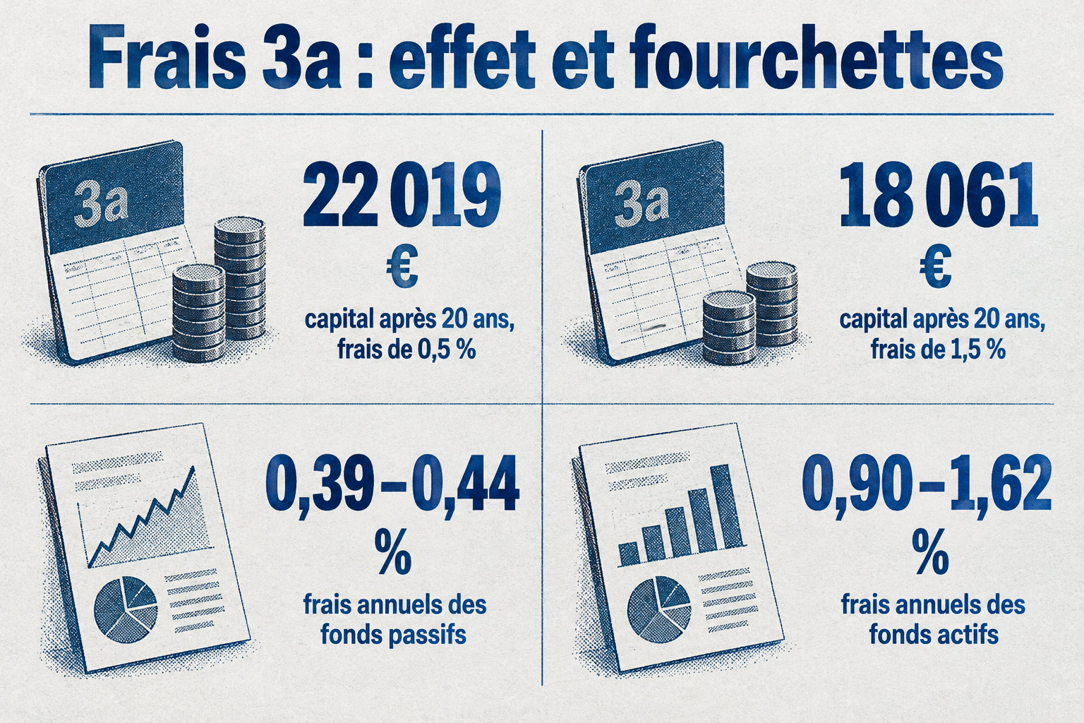 Après vingt ans, 10 000 € placés deviennent 22 019 € avec 0,5 % de frais ou 18 061 € avec 1,5 % ; les frais annuels vont de 0,39 à 0,44 % pour les fonds passifs et de 0,90 à 1,62 % pour les fonds actifs.