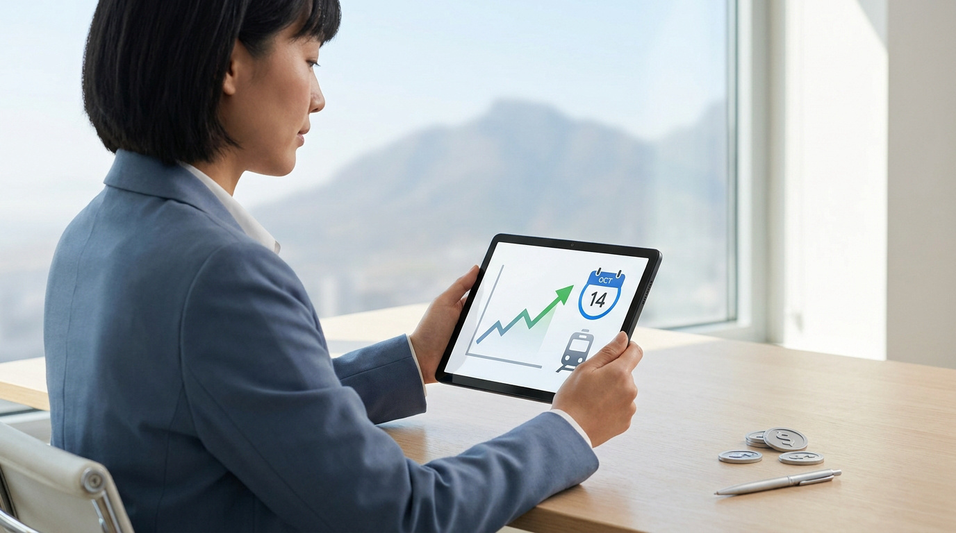 Femme en tailleur consultant une tablette affichant un graphique financier, un calendrier et une icône de train.