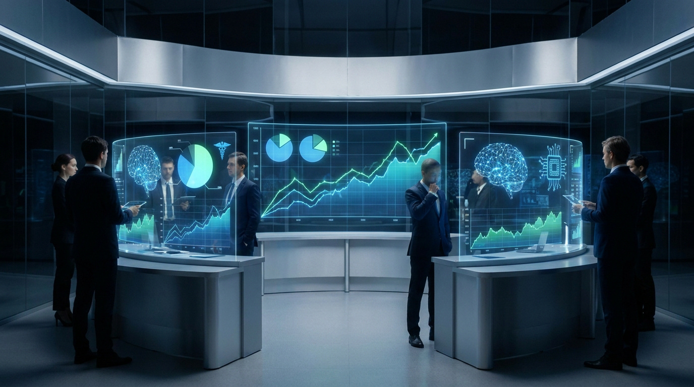 Professionnels en costumes analysant des données financières et des graphiques d'IA sur des écrans holographiques futuristes.