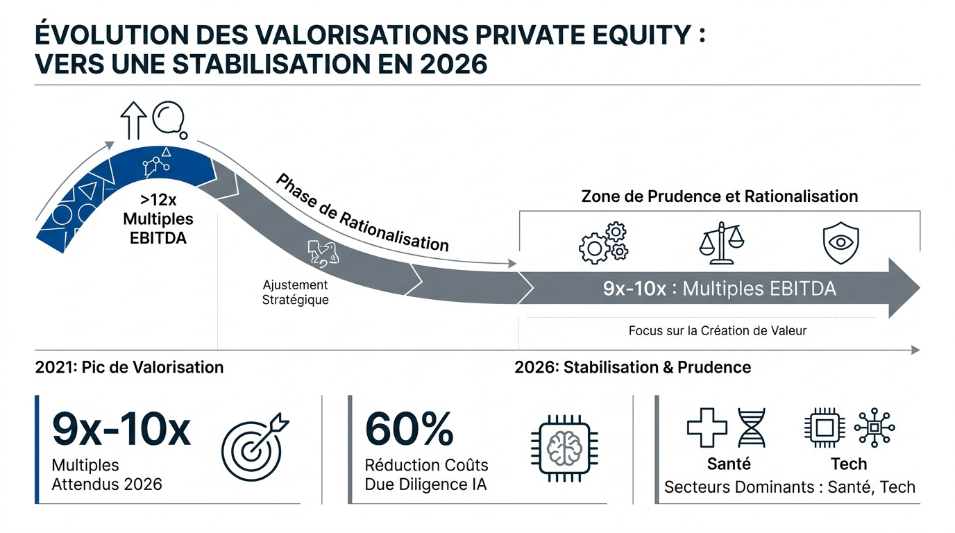 Graphique illustrant la stabilisation des valorisations en Private Equity pour l'année 2026
