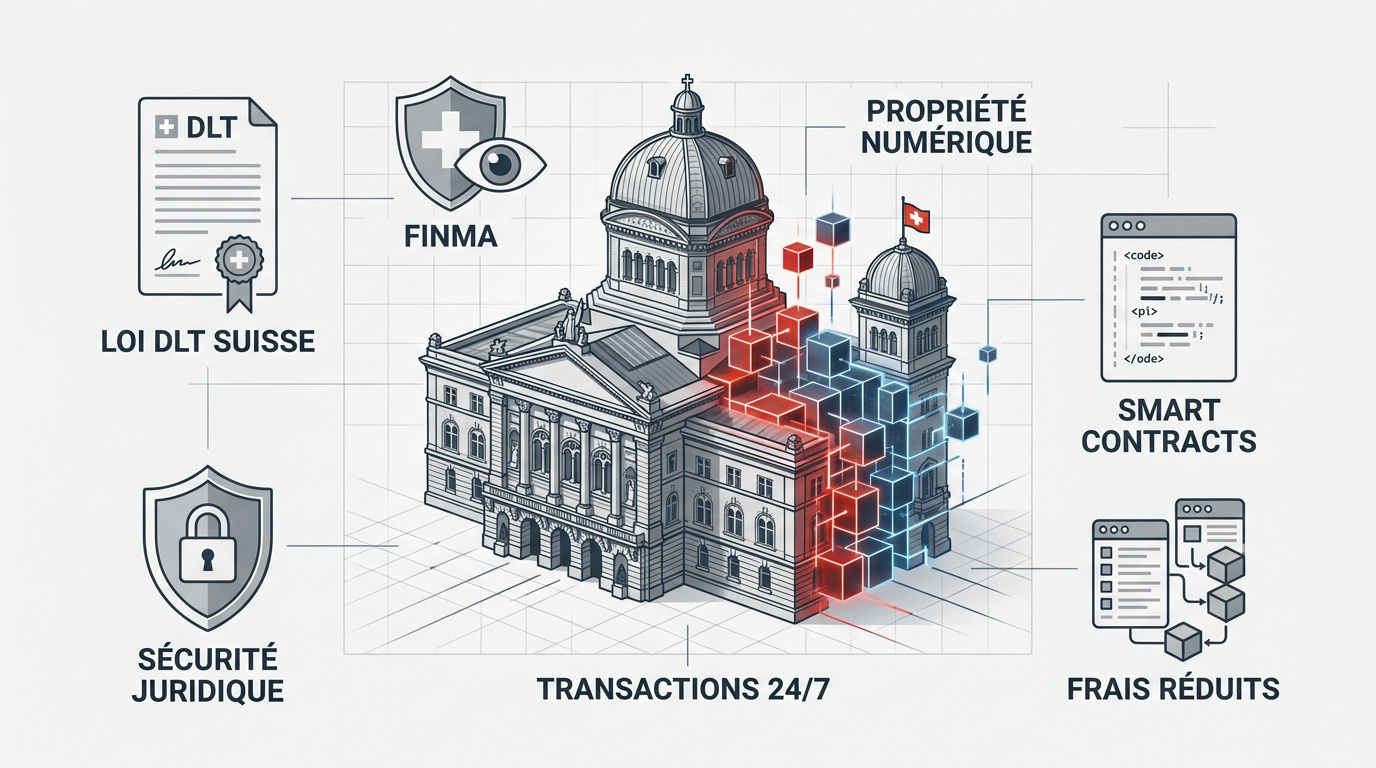 Représentation visuelle de la tokenisation d'actifs réels et de la technologie blockchain en Suisse